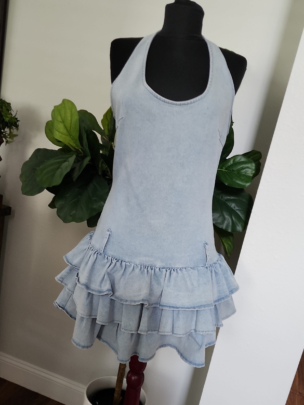 emory park Pale Blue Denim Halter Dress Romper with Ruffled Tiers.